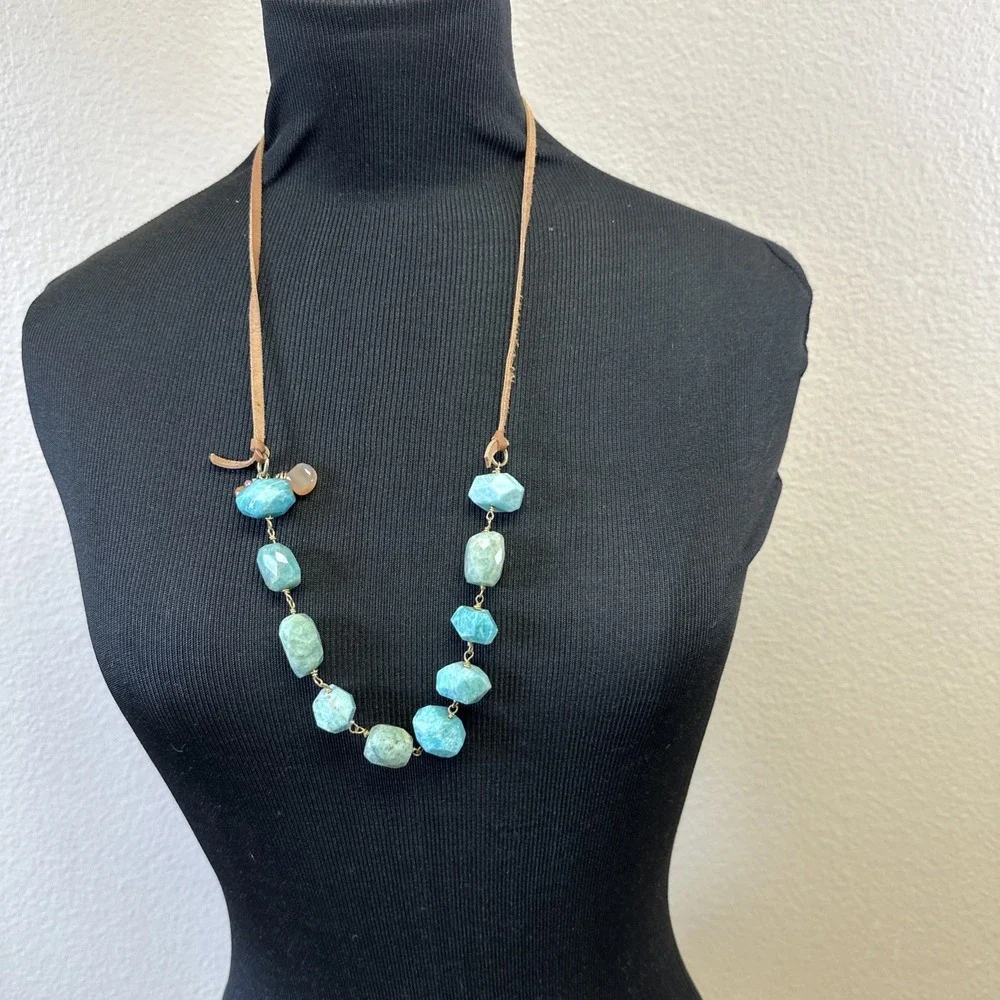 Large Chunky Faceted‎ Amazonite Polished Bead Statement Necklace Adjustable EUC